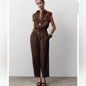 Zara NWT long poplin jumpsuit brown 7969/233